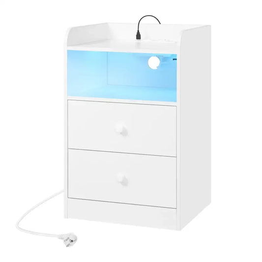 Wit nachtkastje met blauwe LED-verlichting en twee laden, voorzien van een stekkerkabel, ideaal voor slaapkamer of badkamer. Modern design met ronde knoppen en heldere verlichting.