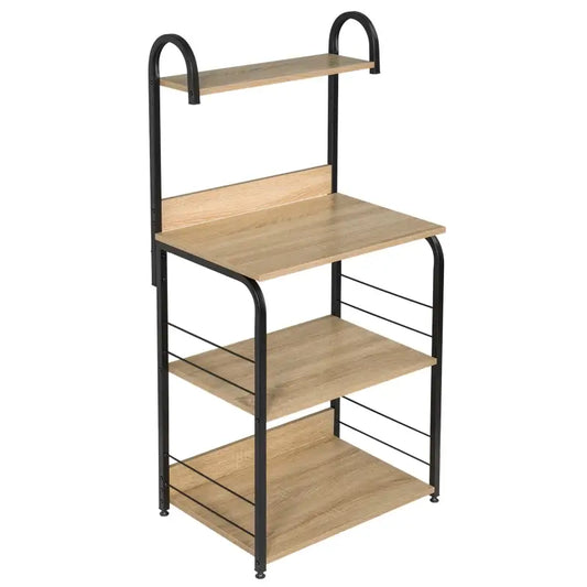 Een vierlaagse plank met houten bladen en zwart metaalframe, geschikt voor keuken of badkamer. Modern ontwerp met bovenste houten plank en onderste metalen versteviging.