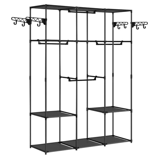 Zwart metalen kledingkastframe met hangers en planken, geschikt voor opbergen van kleding en accessoires. Ideaal voor kleine ruimtes of als opbergoplossing in slaapkamers.