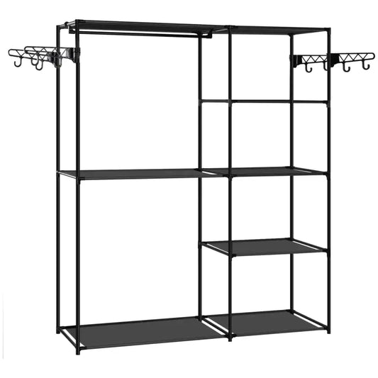 Zwart metalen kledingkastframe met meerdere planken en hangstangen, geschikt voor opbergen in slaapkamer of woonkamer. Ideaal voor kleine ruimtes en flexibel inrichten.