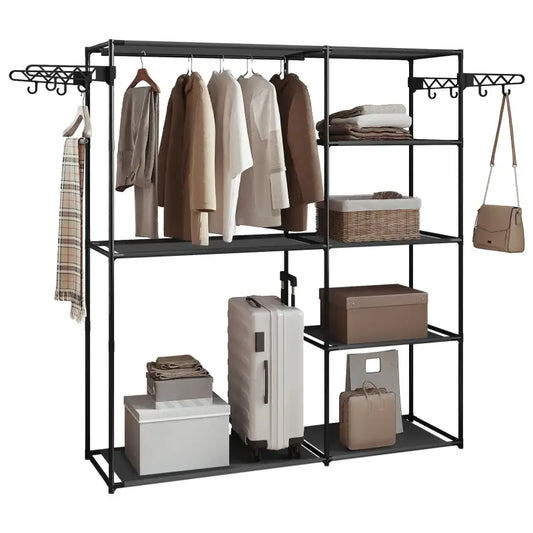 Zwart metalen kledingkastframe met meerdere planken en hangrails, geschikt voor opbergen in kleine ruimtes. Ideaal voor kledingopslag in slaapkamers of kleine woonruimtes.