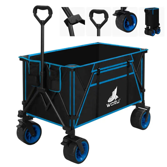 Zwart opvouwbare kar met blauwe accenten en wielen, voorzien van handvat en opbergzakken. Geschikt voor kamperen, strand of tuinactiviteiten.
