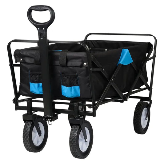 Zwarte vouwbare tuinwagen met blauwe accenten, stalen frame en verstelbare handgreep. Geschikt voor het vervoer van tuinmaterialen en zware lasten op het terrein.
