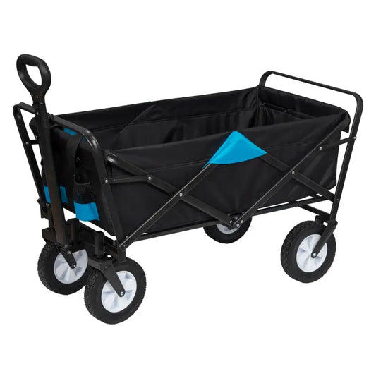 Zwarte vouwbare tuinwagen met blauwe accenten, stalen frame en rubberen wielen, geschikt voor het vervoer van tuinmaterialen of speelgoed. Ideaal voor tuin- en terraswerkzaamheden.