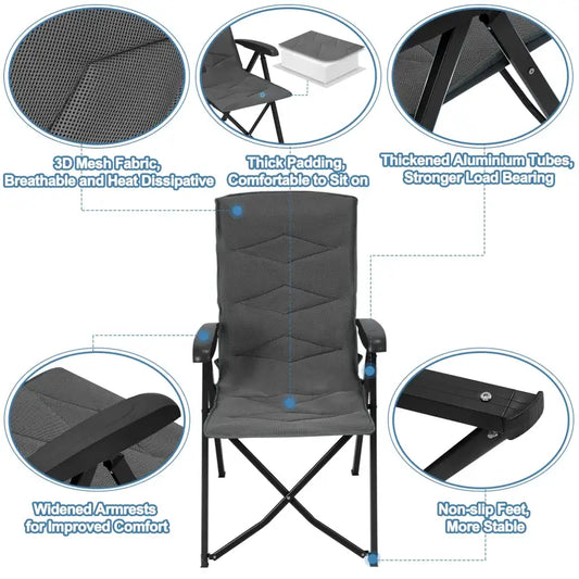 Grijs, opvouwbare tuinstoel met mesh bekleding en zwart metalen frame, uitgerust met armleuningen en opvouwbare tas voor gemakkelijke opslag en transport. Ideaal voor buiten gebruik, camping of terras.