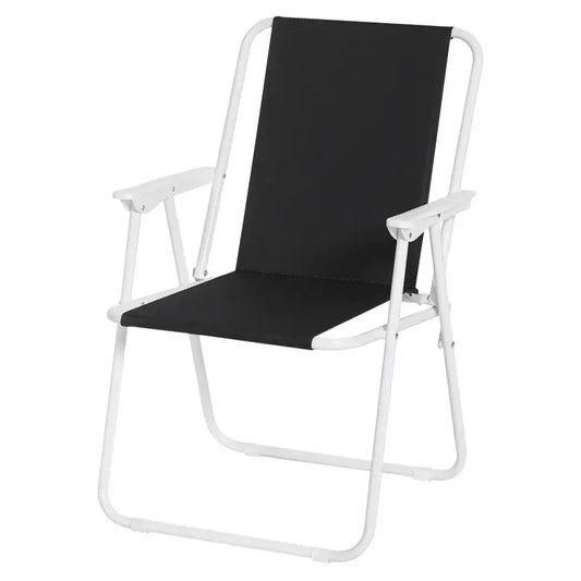Een opvouwbare strandstoel met wit frame en blauw-witte gestreepte stof, uitgebreid en opgevouwen getoond. Ideaal voor zonbaden of terrasgebruik op het strand of in de tuin.