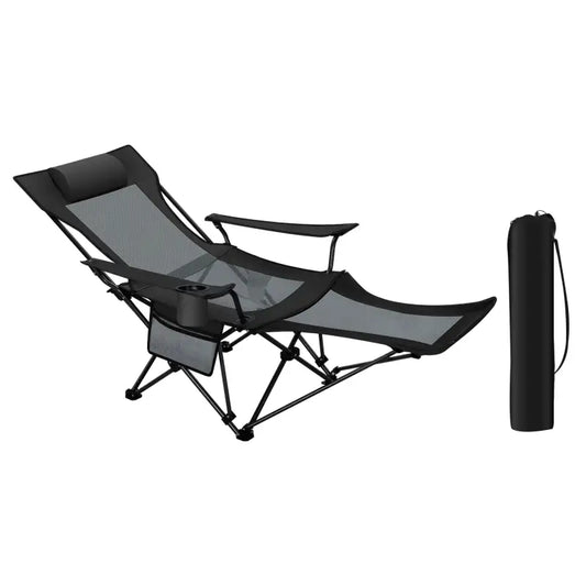 Zwarte vouwbare ligstoel met mesh zitting en armleuningen, inclusief opgevouwen tas. Ideaal voor kamperen, strand of tuin.