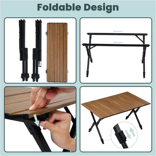 Een vouwbare tafel met houten planken en zwarte metalen poten, inclusief opbergzak en losse onderdelen, geschikt voor kamperen en buitengebruik.