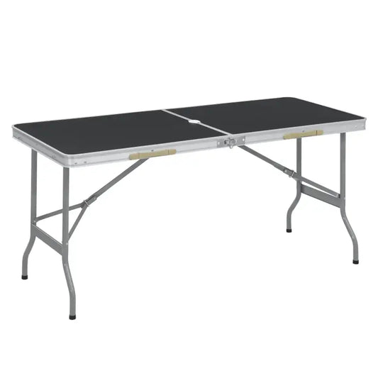 Zwarte vouwtafel met aluminium frame en beige handgrepen, geschikt voor feesten en evenementen. Compact ontwerp met verstelbare poten voor stabiele ondersteuning.