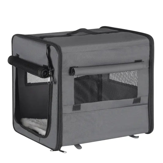 Grijs opvouwbare hondentas met mesh-panelen en zachte witte binnenkant, geschikt voor veilige transport van huisdieren. Compacte tas met handvat en rits, ideaal voor reizen en dagelijkse uitstapjes.