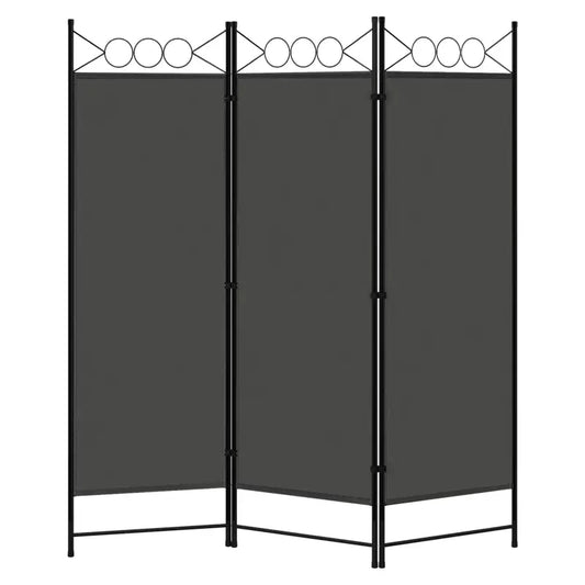 Grijs drievoudig scherm met zwart metalen frame en decoratieve bovenrand met cirkels. Ideaal voor ruimte-indeling in woon- of kantoorruimtes.