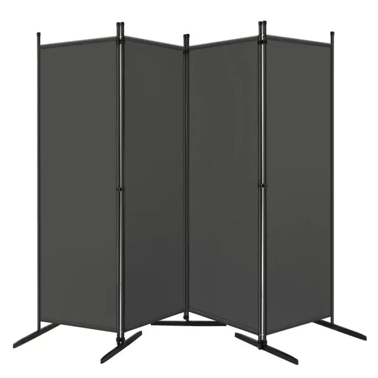 Grijze, vouwbare ruimteverdeling met zwart metalen frame en stevige voetstukken, geschikt voor woon- of kantoorruimte. Ideaal voor privacy en stijlvolle ruimteindeling.