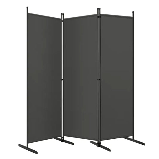 Een zwarte, vierdelige ruimteverdeling met stoffen panelen en metalen frame, geschikt voor privacy in kantoor of woonruimte. Ideaal voor ruimteindeling en akoestische afscherming.