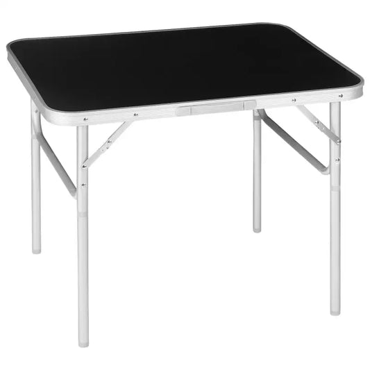 Zwart vouwtafel met aluminium frame, geschikt voor kampeer- en feestgebruik. Compacte constructie met verstelbare poten en stevige ondersteuning voor zware lasten.