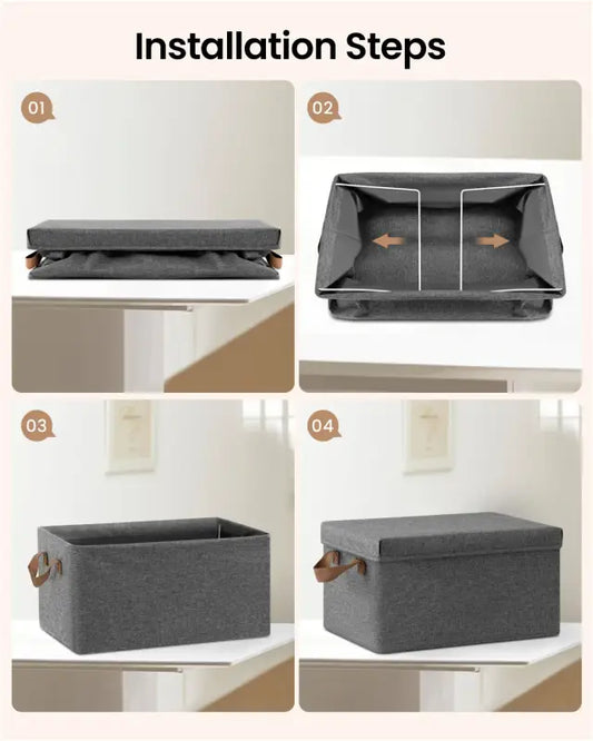 Grijze opbergdozen met textielbekleding en bruine handvatten, geschikt voor kameropslag. Stijlvolle, opvouwbare opbergkisten voor woonruimte en kantoor.