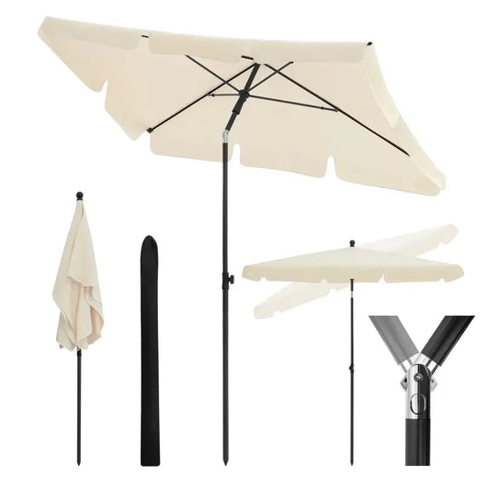 Een crèmekleurige tuinparasol met zwart metalen frame, getoond in open en opgevouwen stand, inclusief stok en verstelbare basis voor terras- en tuinverkoeling.