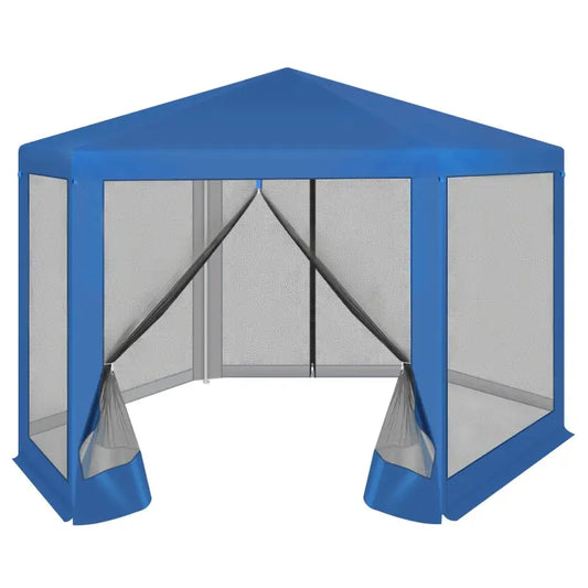 Blauwe zonneschermtent met mesh wanden en opvouwbare structuur, geschikt voor tuinfeesten en outdoor evenementen. Zichtbare zonbescherming en windbestendige constructie voor comfortabele gebruik.