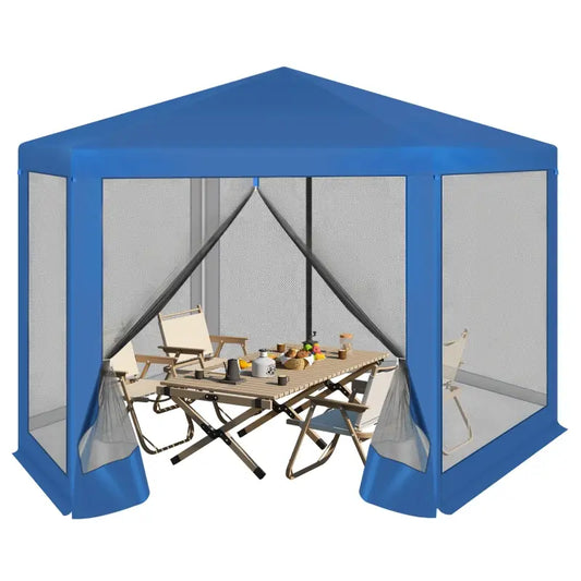 Blauwe zonneschermtent met mesh wanden en zwarte verstevigingsbanden, geschikt voor buiten gebruik. Ideaal voor tuinfeesten of terrasbescherming tegen zon en wind.