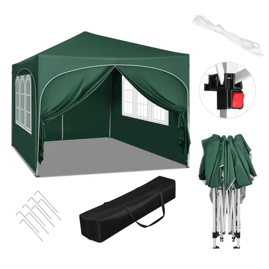Een beige opvouwbare tuin tent met witte kozijnen en opgevouwen zijwanden, inclusief een zwarte draagtas voor opslag. Ideaal voor outdoor evenementen en feesten.