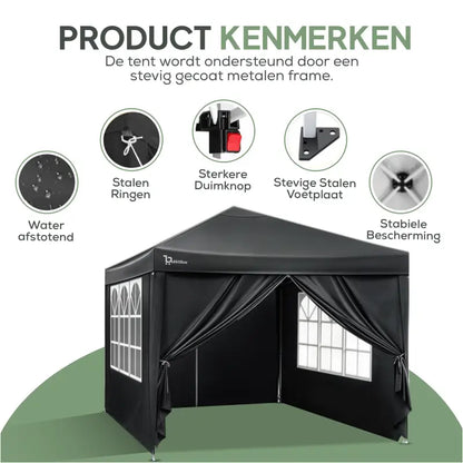 BukkitBow - Partytent met Zijwanden – Opvouwbare Tent – Waterdicht en Weersbestendig – Tuinpaviljoen - 300 x 300 cm