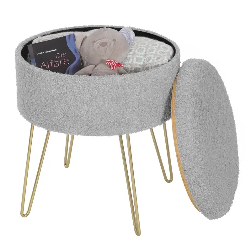BukkitBow - Poef / Ronde Kruk met Opslag - Teddy Fleece Zitting - Verborgen Opbergruimte - Sterke Draagkracht - 39x44CM