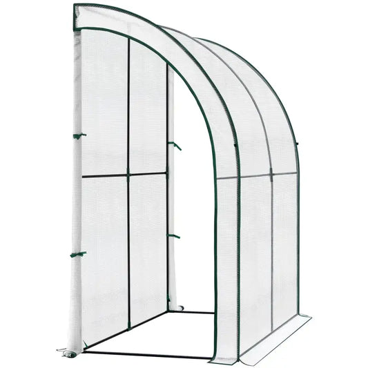 Een witte, opvouwbare tuinstructuur met groene metalen frame en mesh-zichtbaarheid, geschikt voor kweek van groenten en bloemen in de tuin.