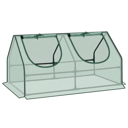 Groene, opvouwbare plantentent met transparante mesh, bevat twee potten met groene planten. Ideaal voor binnen- en buitengebruik om planten te beschermen tegen koude wind en insecten.