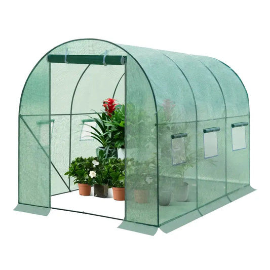 Groene, mesh-structuur serre met transparante panelen en zichtbare potten met bloeiende planten. Ideaal voor tuinbouw en bloemenkweek in de tuin of op het terras.