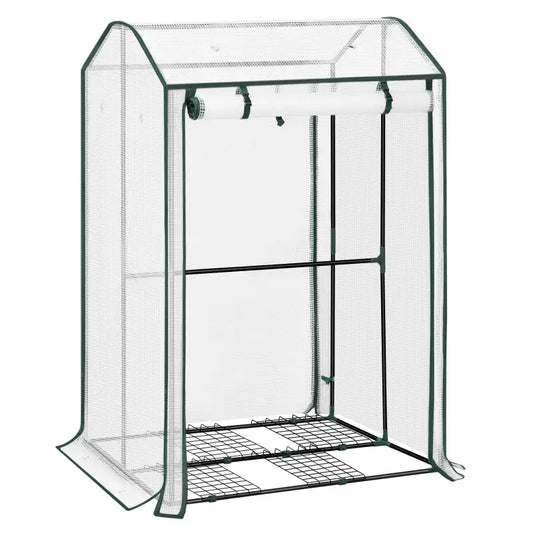 Groene tuinserre met transparante mesh wanden en rolluiken, voorzien van een metalen frame en twee vlakke vloerplanken, geschikt voor indoor planten en groeikamer gebruik.