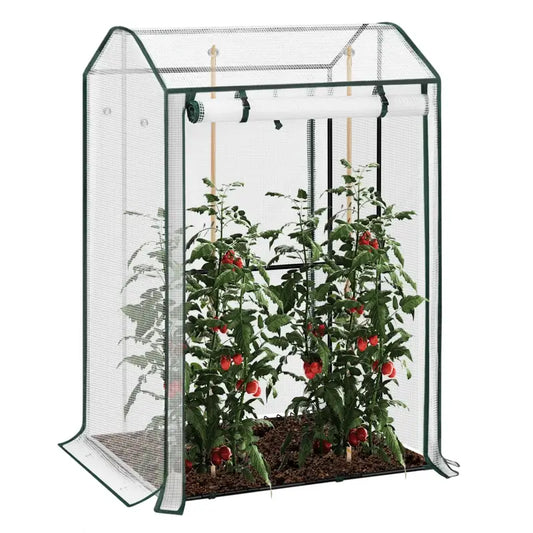 Groene tuinserre met transparante mesh wanden en een opgerolde deur, voorzien van een metalen frame en een ondersteunende grid vloer, ideaal voor het kweken van planten in de tuin.