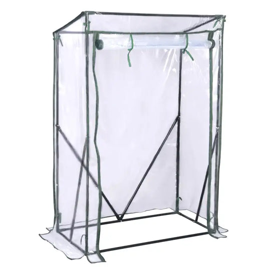 Een transparante kamer met een zwart metalen frame, voorzien van groene trekkoorden en een opgerolde deur. Ideaal voor binnen- en buitenkweek van planten in een beschermde omgeving.