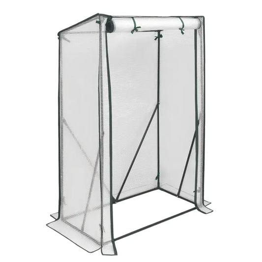 Een transparante kweektent met zwarte metalen frame en groene koordjes, geschikt voor binnen- en buitenkweek. Ideaal voor bloemen, kruiden en jonge planten in een beschermde omgeving.