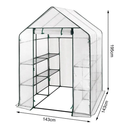 BukkitBow – Polytunnel Tuinkas – Winterproof Tunnel voor Groenten Teelt – Compacte Tuinkas met Groot Luik en 3 Bloemen Planken - 143x143x195CM