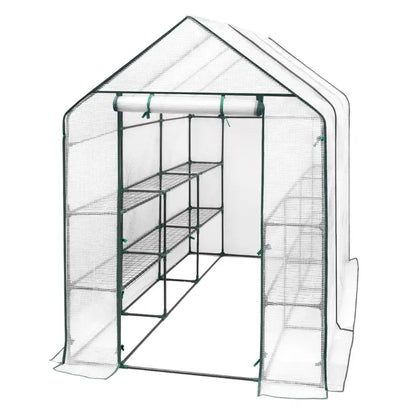 BukkitBow – Polytunnel Tuinkas – Winterproof Tunnel voor Groenten Teelt – Compacte Tuinkas met Groot Luik en 3 Bloemen Planken - 143x215x195CM