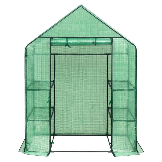 Eenvoudige tuinserre met transparante mesh wanden en groene metalen frame, geschikt voor groenten en bloemen. Ideaal voor kleine tuinen en zomerplanten.