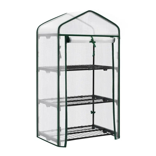Groene kamerhoogte kas met transparante mesh wanden en drie zwarte metalen planken, geschikt voor binnen- en buitenkweek van planten. Ideaal voor kleine tuinprojecten en groeikasten in de woonruimte.