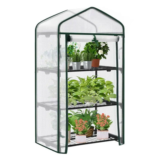 Groene kamerhoogte kas met transparante mesh wanden en drie zwarte metalen planken, geschikt voor binnen- en buitenkweek van planten en bloemen.