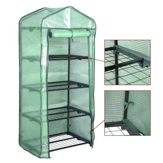Groene opvouwbare kas met metalen rekken, geschikt voor binnen- en buitenkweek. Transparante mesh-zijden en roll-up deur voor optimale luchtstroming en plantzorg.