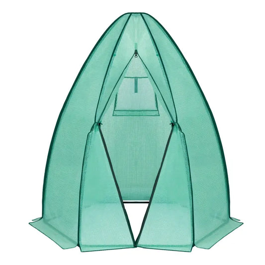 Groene, opvouwbare tuin tent met meshstructuur en zwarte stiksels, geschikt voor plantenbescherming tegen insecten en zon. Ideaal voor tuinieren en groeikamer gebruik.