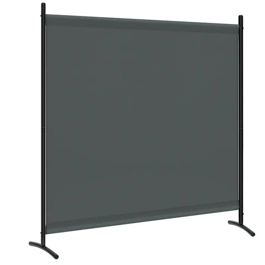 Donkergrijze, opvouwbare afscherming met zwart metalen frame, geschikt voor zowel binnen- als buitengebruik. Ideaal voor privacy, ruimte-indeling of zonbescherming in kantoren en tuinen.