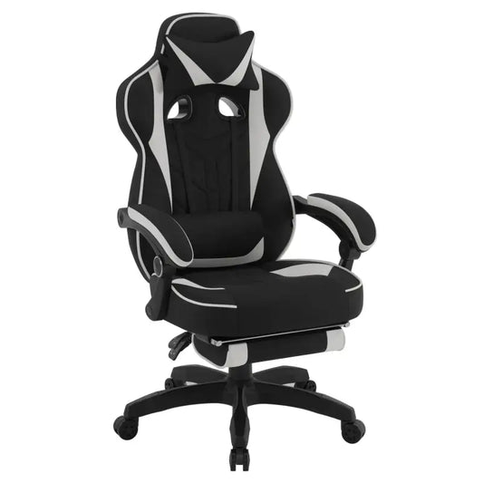 Zwarte gamingstoel met witte accenten, hoog opgezette rugleuning en verstelbare armleuningen. Geschikt voor langdurig gebruik bij gaming of thuisbureau.