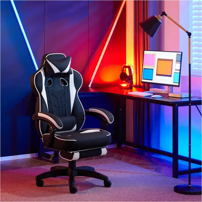 BukkitBow - Racing Gaming Stoel - Stof of Fluweel - met Rug/Nekkussen en Voetensteun - 49CM Hoog