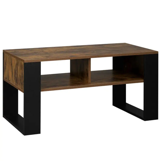 Een moderne salontafel met donkerbruine houten blad en zwarte metalen poten, voorzien van een ondersteunende plank. Ideaal voor woonkamer of lounge-ruimte met een industriële stijl.