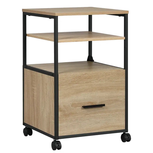 Een lichtbruine houten kast met zwart metalen frame, drie planken en een ladenkast met trekker, voorzien van wielen voor mobiele opslag in kantoor of woonruimte.
