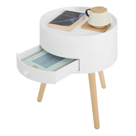 Een witte, ronde nachtkastje met één lade en houten poten, ideaal voor een moderne slaapkamer. Geschikt als nachtkastje of bijzettafel in minimalistische interieurs.