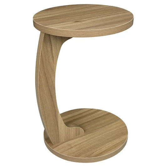 Een moderne, lichtgekleurde houten bijzettafel met een elegante, gebogen ondersteuning en ronde blad. Geschikt voor woonkamer of slaapkamer als stijlvolle zithoekaccessoire.