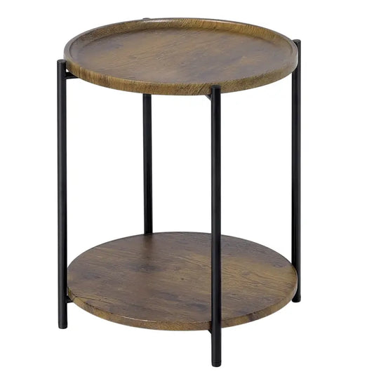 Een ronde, dubbelvloerige bijzettafel met een warme, geverfde houten bovenkant en een zwart metalen frame. Ideaal voor woonkamer of slaapkamer als opberg- en decoratietafel.