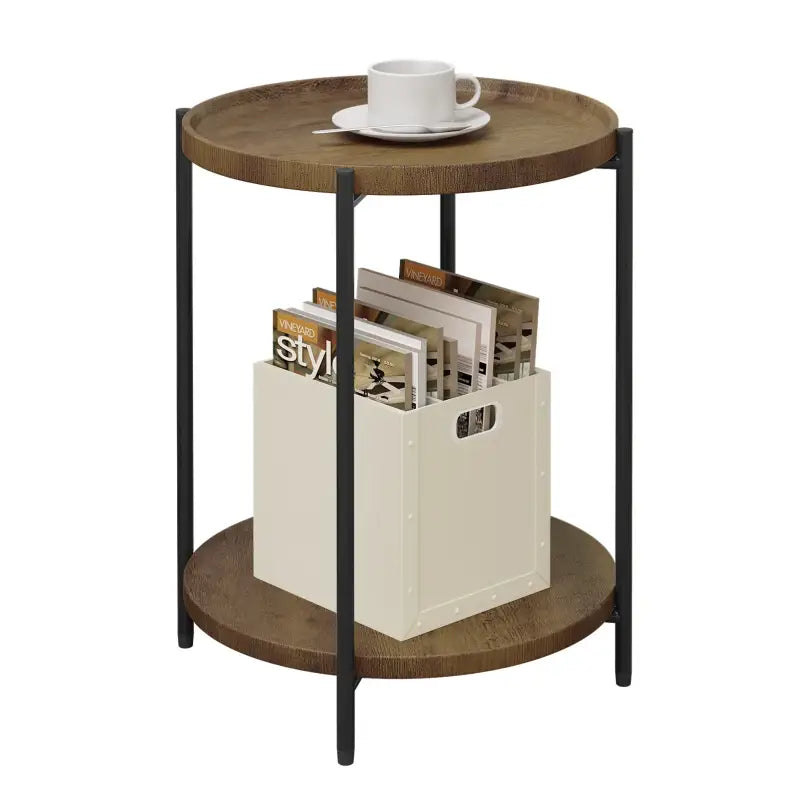 BukkitBow - Ronde Bijzettafel met Dubbele Plank - met Afneembaar Dienblad met Opstaande Rand - Vintage of Eikenhout - 40CM Doorsnede