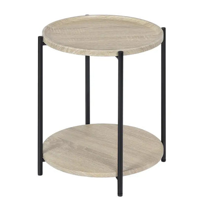 BukkitBow - Ronde Bijzettafel met Dubbele Plank - met Afneembaar Dienblad met Opstaande Rand - Vintage of Eikenhout - 40CM Doorsnede
