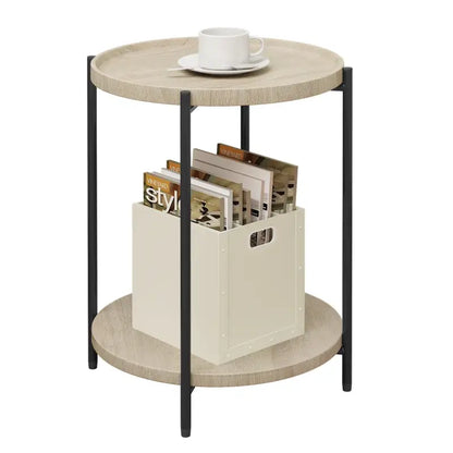 BukkitBow - Ronde Bijzettafel met Dubbele Plank - met Afneembaar Dienblad met Opstaande Rand - Vintage of Eikenhout - 40CM Doorsnede